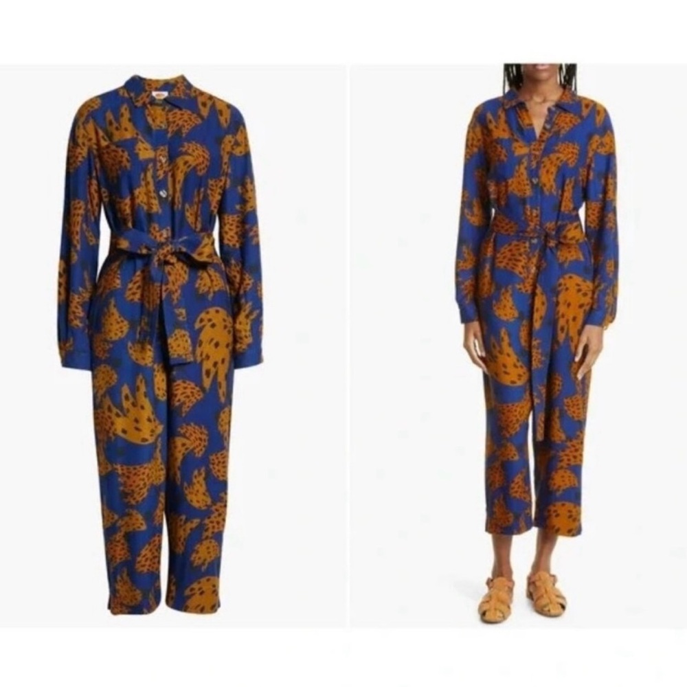NWT FARM Rio Blue and Mustard Printed Long-Sleeve Jumpsuit… COD:0281